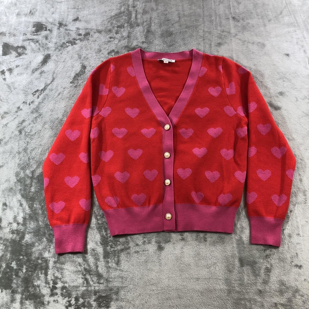 Nanette Lepore Cardigan Sweater Womens Medium Red Heart V-Neck Pearl Button
